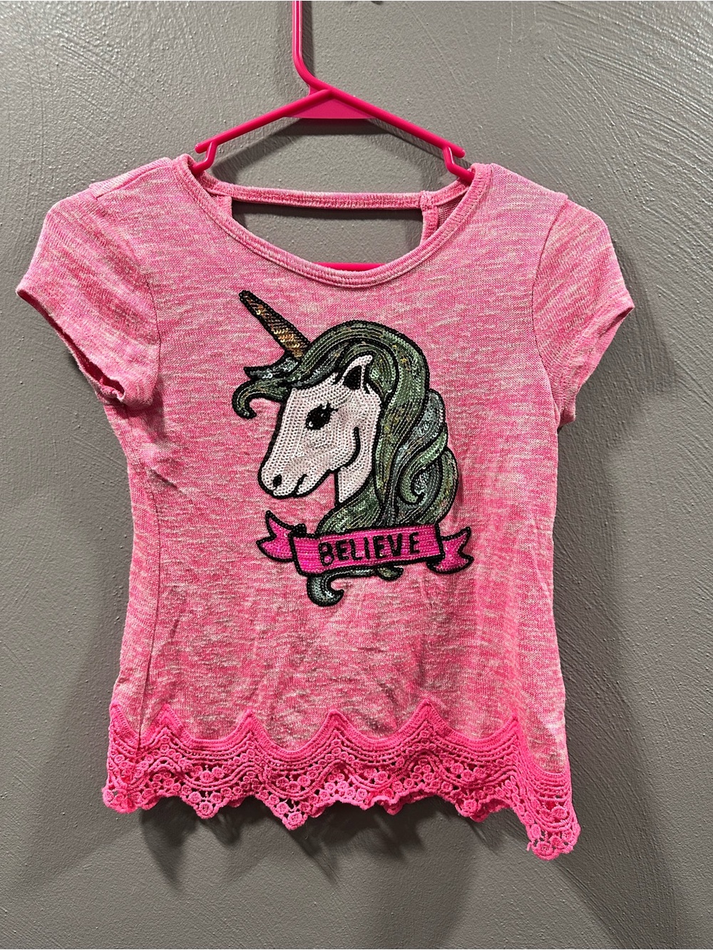 total girl Pink Unicorn Sequin 'Believe' Lace-Hem Tee